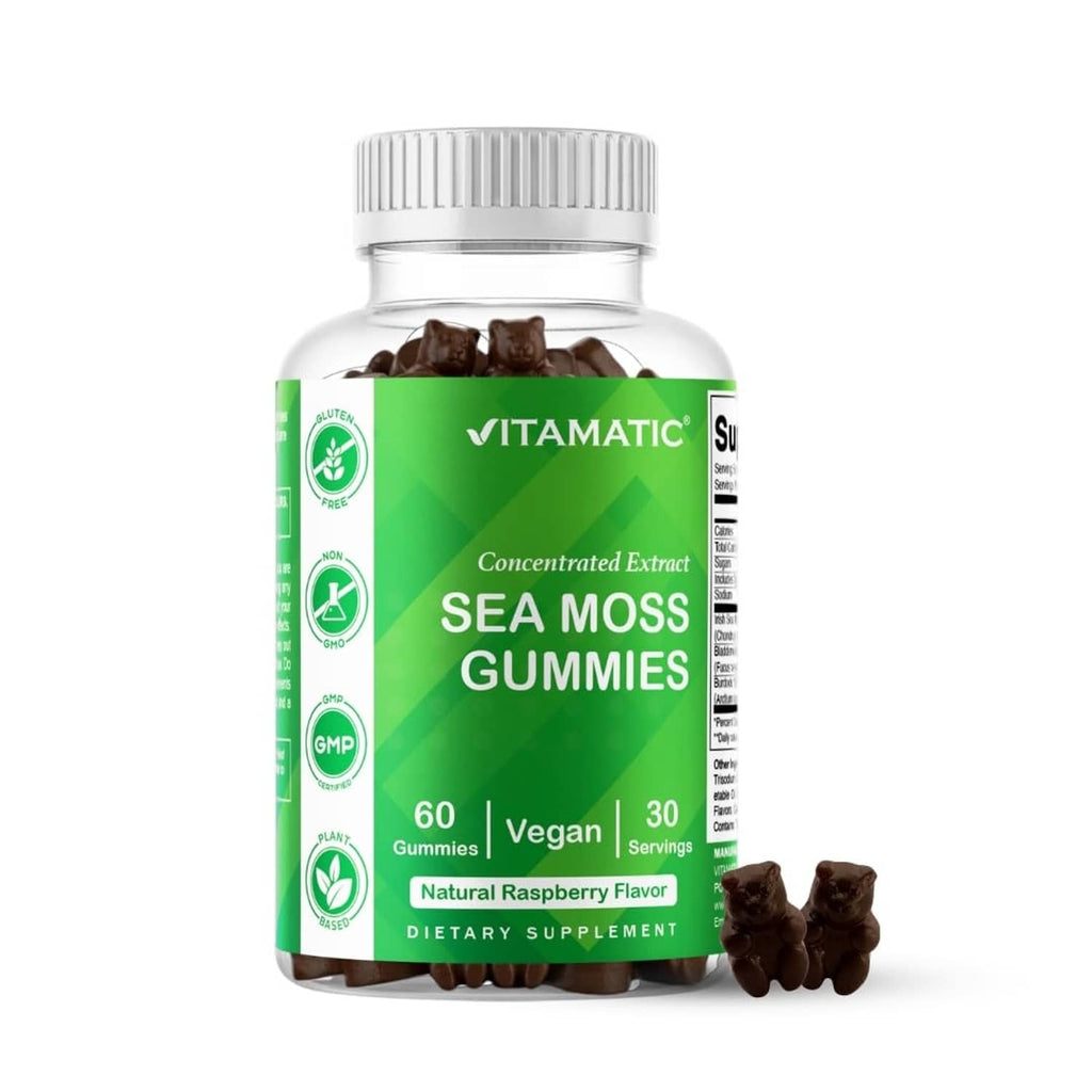 Sea moss gummies supplement bottle with green label and white ribbed cap, 60 count
