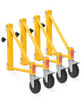 Set of yellow scaffolding outriggers with swivel casters and black locking clips, 4 pack