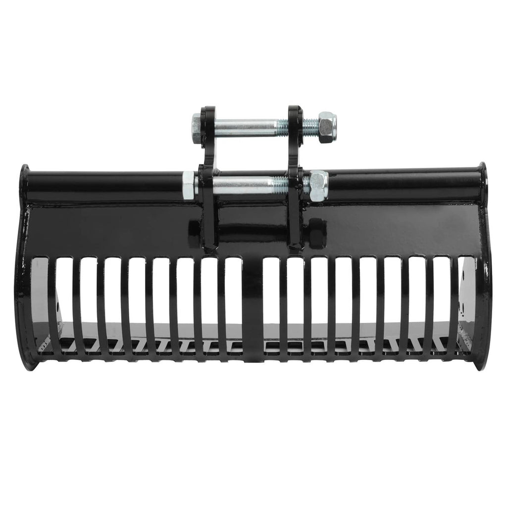 Close-up of black screening skeleton bucket attachment with white ribbed bars