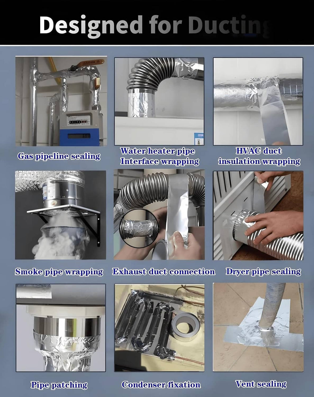 Silver aluminum foil tape wrapping a duct connection for sealing HVAC and vents