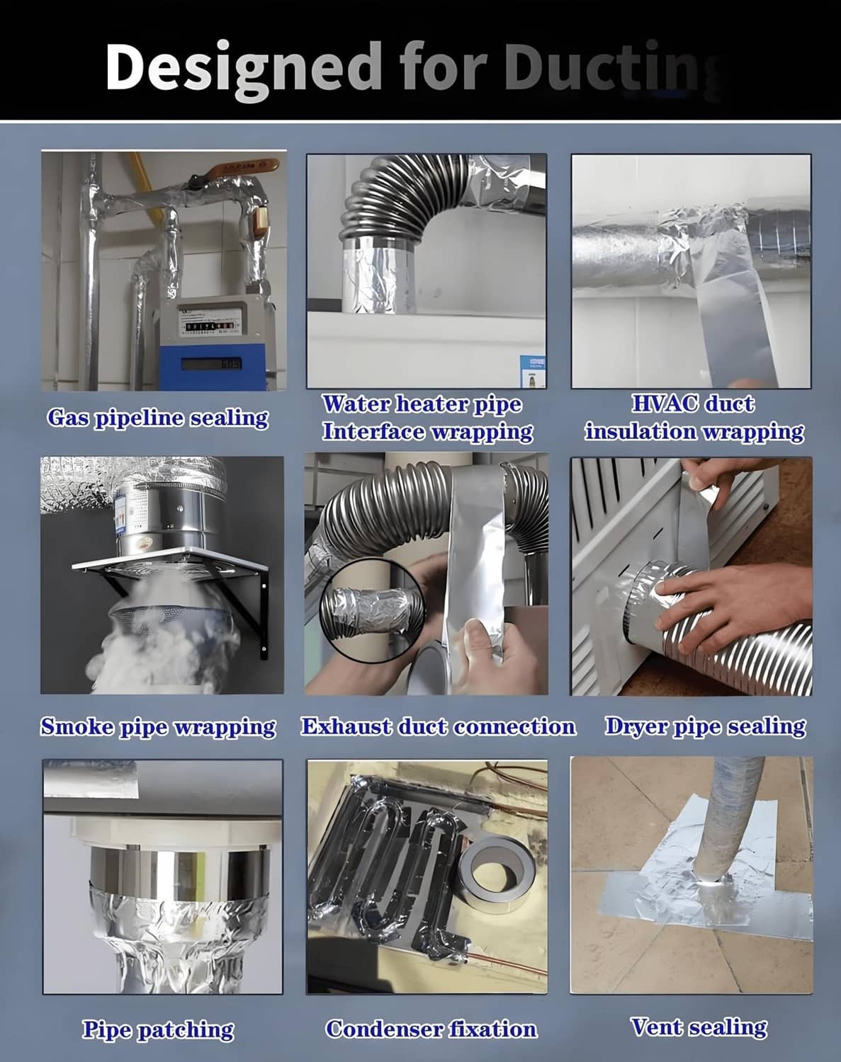 Silver aluminum foil tape wrapping a duct connection for sealing HVAC and vents