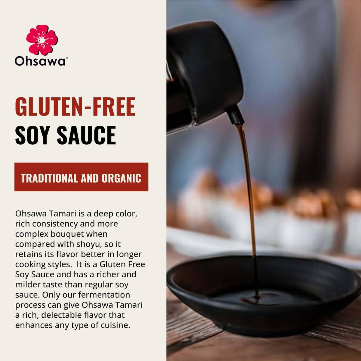 Organic tamari sauce pouring from bottle onto food, gluten-free label visible