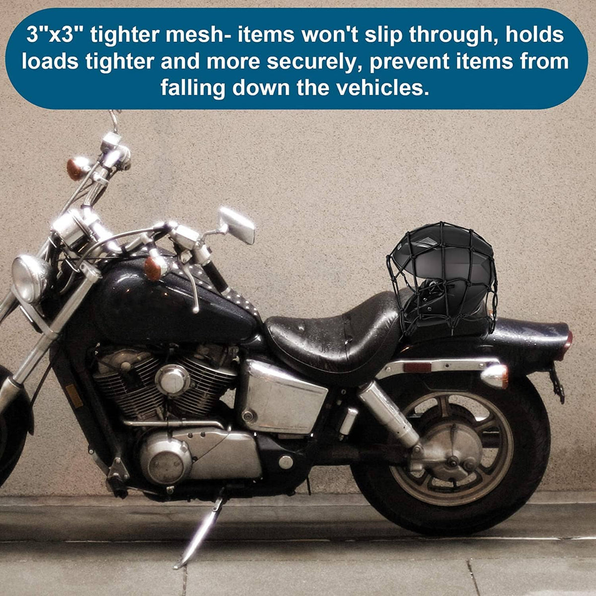 Motorcycle with a black bungee cargo net secured over the rear cargo area