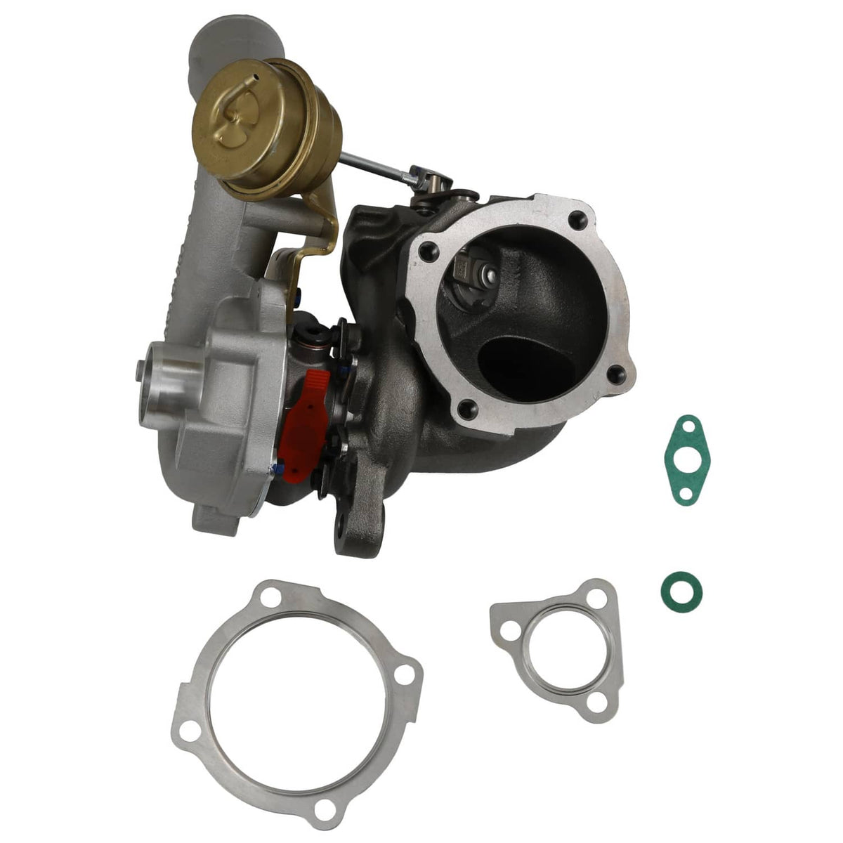 Turbocharger assembly with gold compressor cover, black intake housing, and gaskets