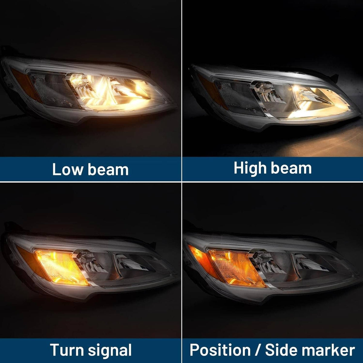 Right halogen headlight with amber turn signal, clear lens, beam illumination
