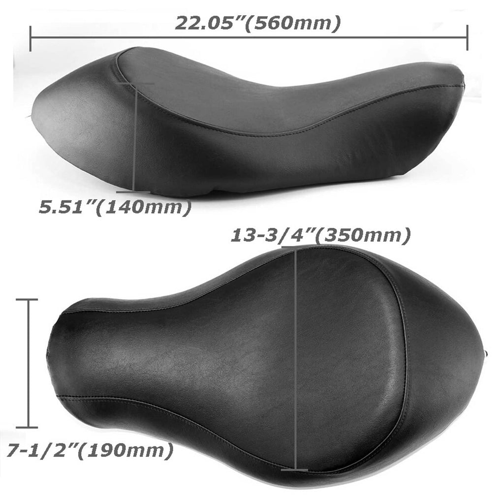 Black solo motorcycle seat with contoured shape and curved front