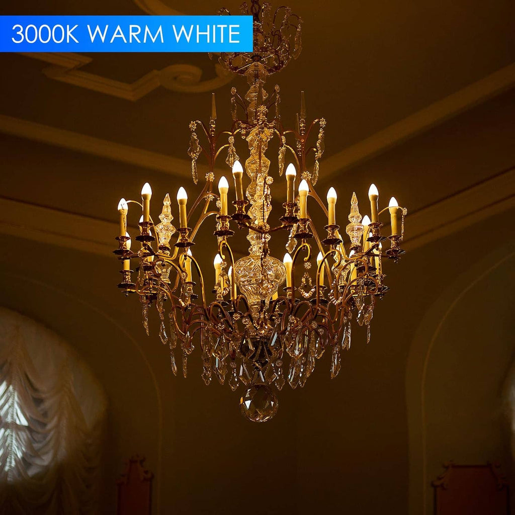 LED candelabra bulb glowing warm white 3000K with frosted flame top