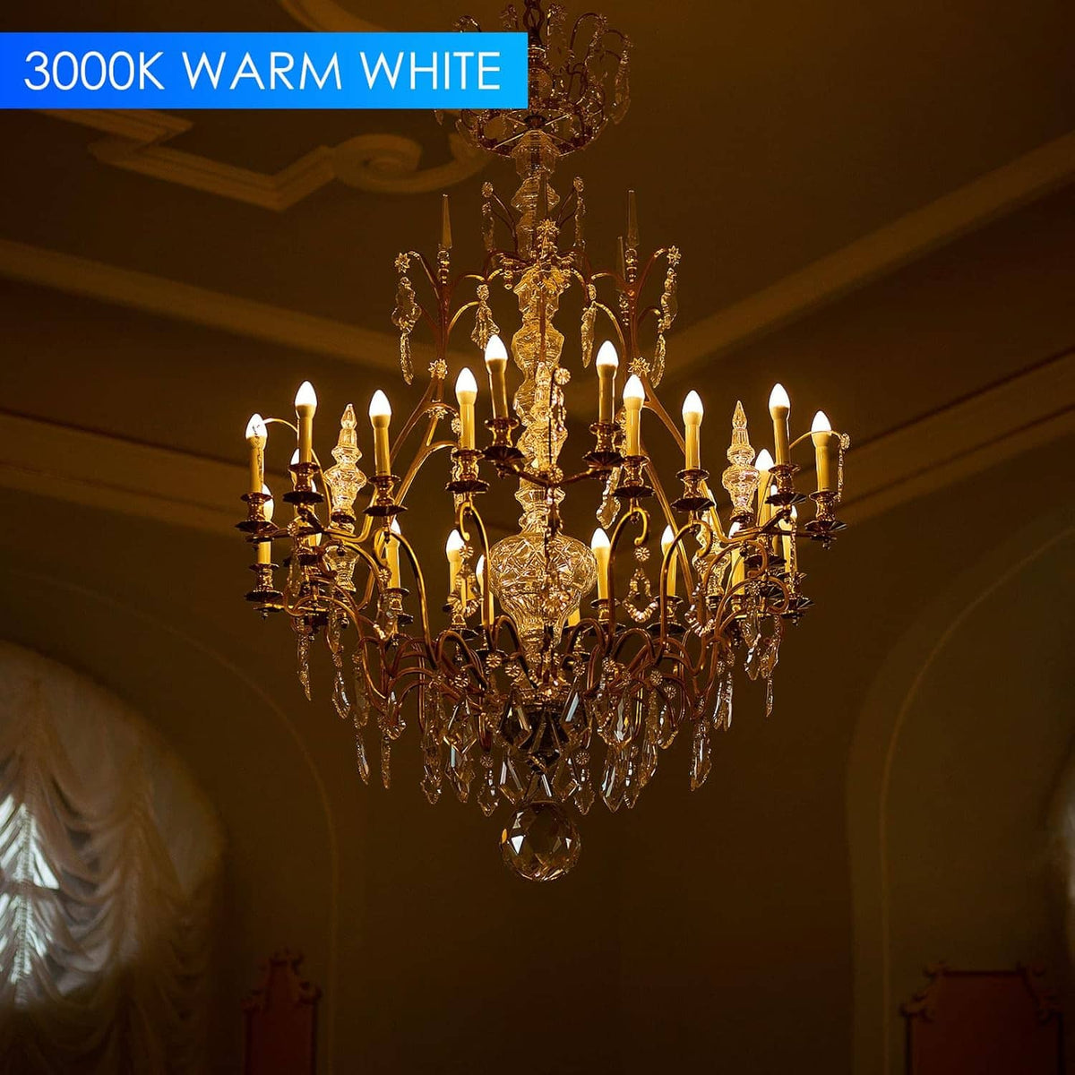 LED candelabra bulb glowing warm white 3000K with frosted flame top