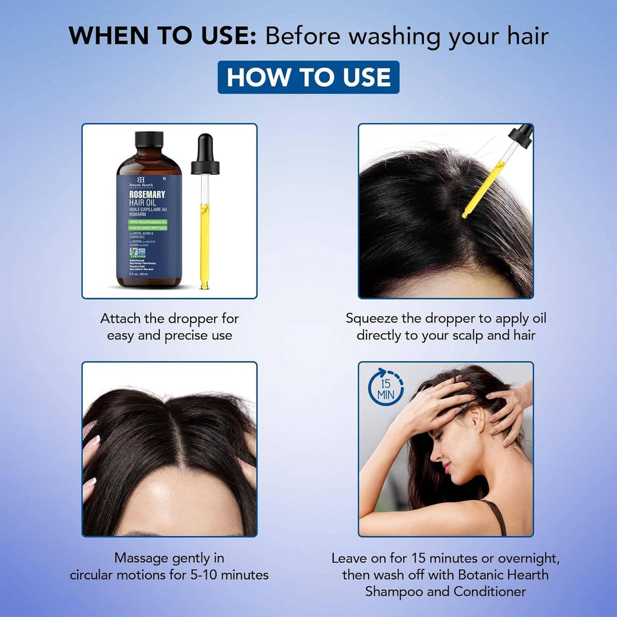 Rosemary hair oil how-to panel with bottle, dropper, and scalp application visuals
