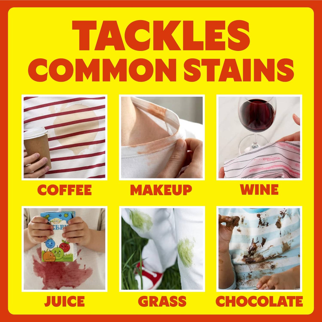 Shout stain remover graphic showing stain types: coffee, makeup, wine, juice, grass, chocolate