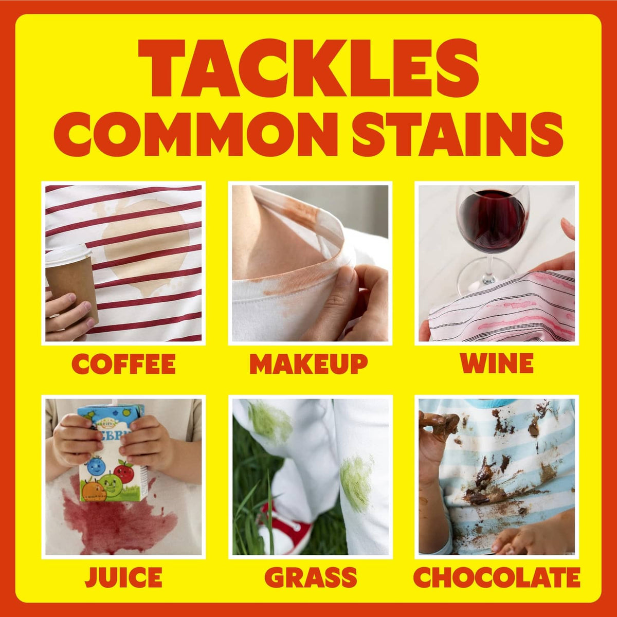 Shout stain remover graphic showing stain types: coffee, makeup, wine, juice, grass, chocolate