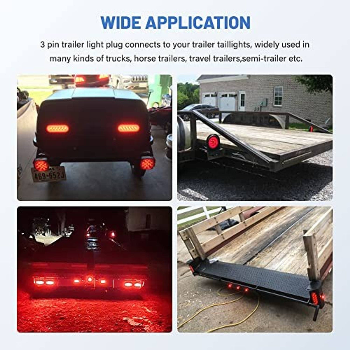 Three-pin trailer light plug harness with red, black, and white wire leads