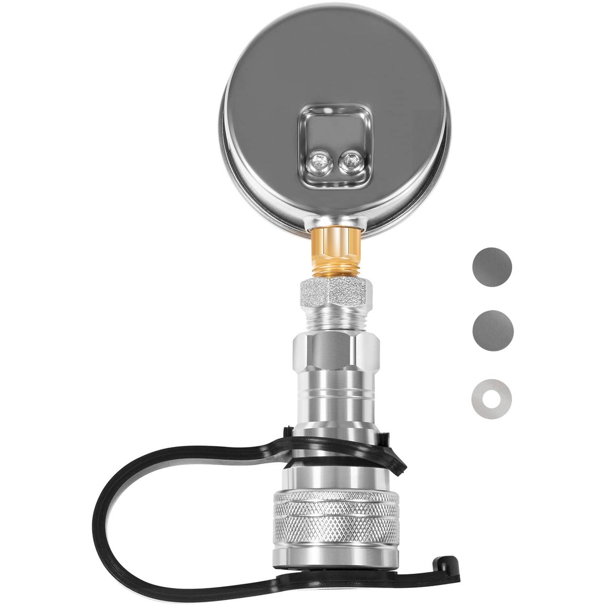 Hydraulic pressure gauge kit with round dial, threaded adapter, and black hose