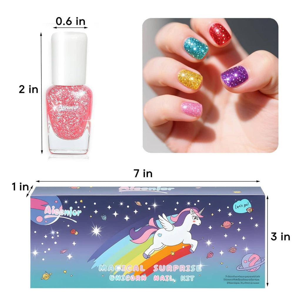 Kids glitter nail polish bottle with pink-red glitter shade and size diagram
