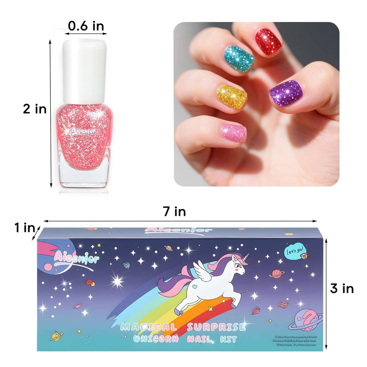 Kids glitter nail polish bottle with pink-red glitter shade and size diagram