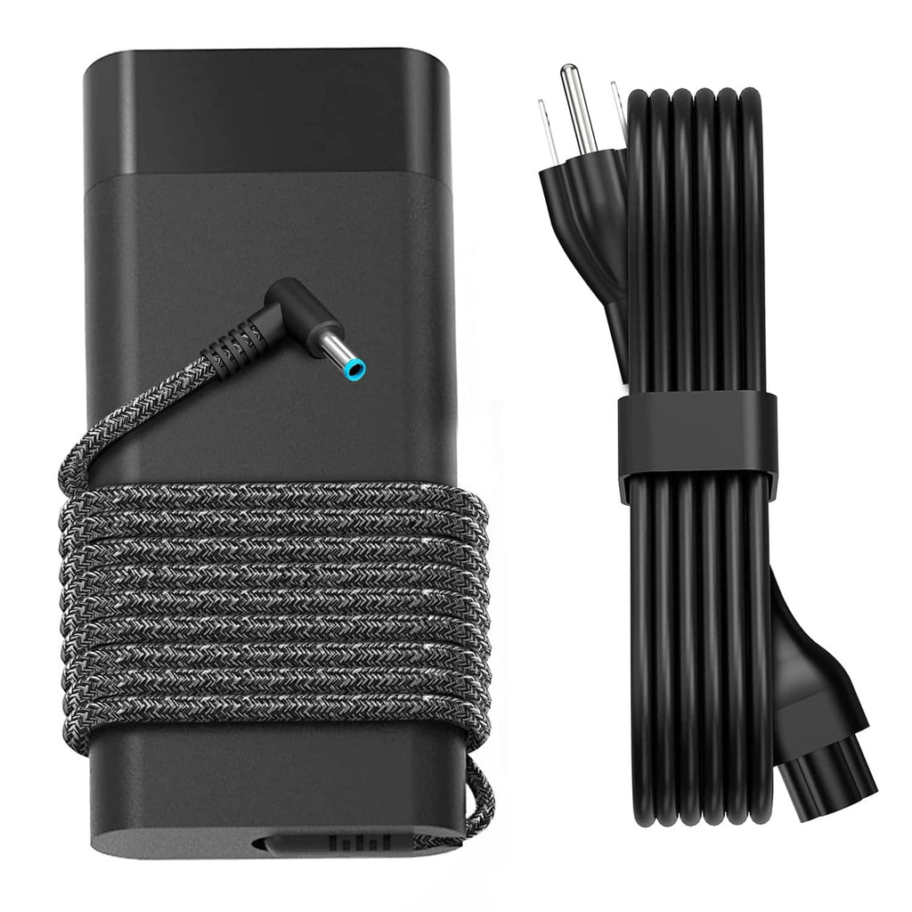 Black laptop charger adapter with braided cord and blue-ring barrel DC plug