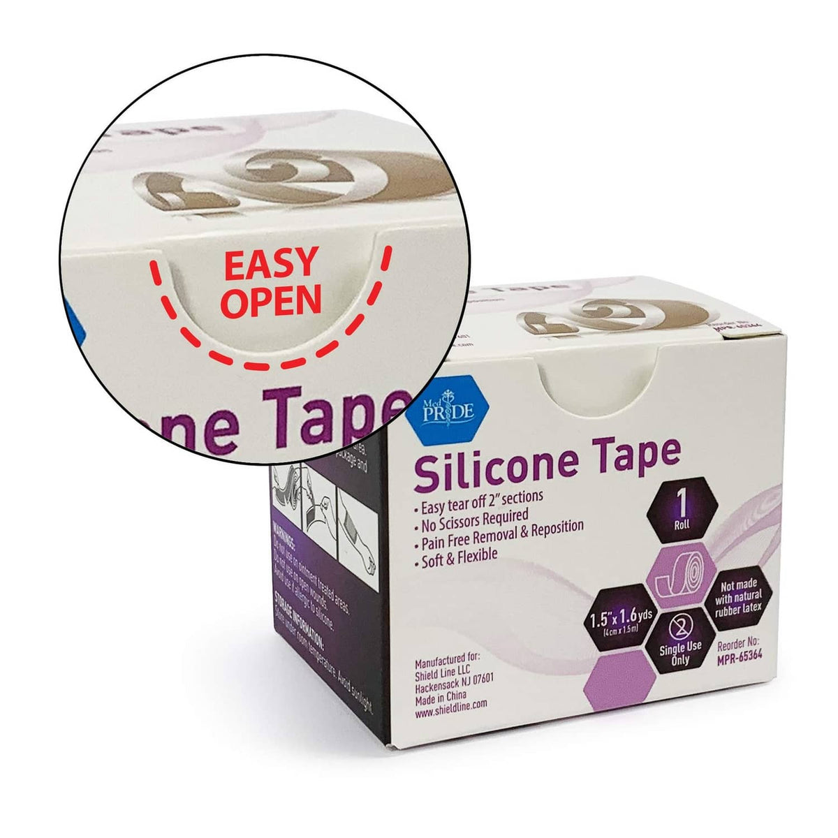 Silicone tape roll box with circular close-up indicating easy open