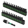 Hex bit set display with two black holders and labeled hex socket bits