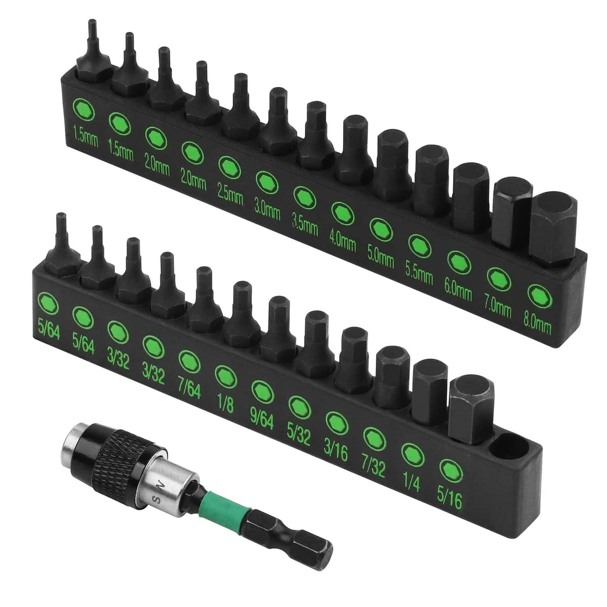 Hex bit set display with two black holders and labeled hex socket bits
