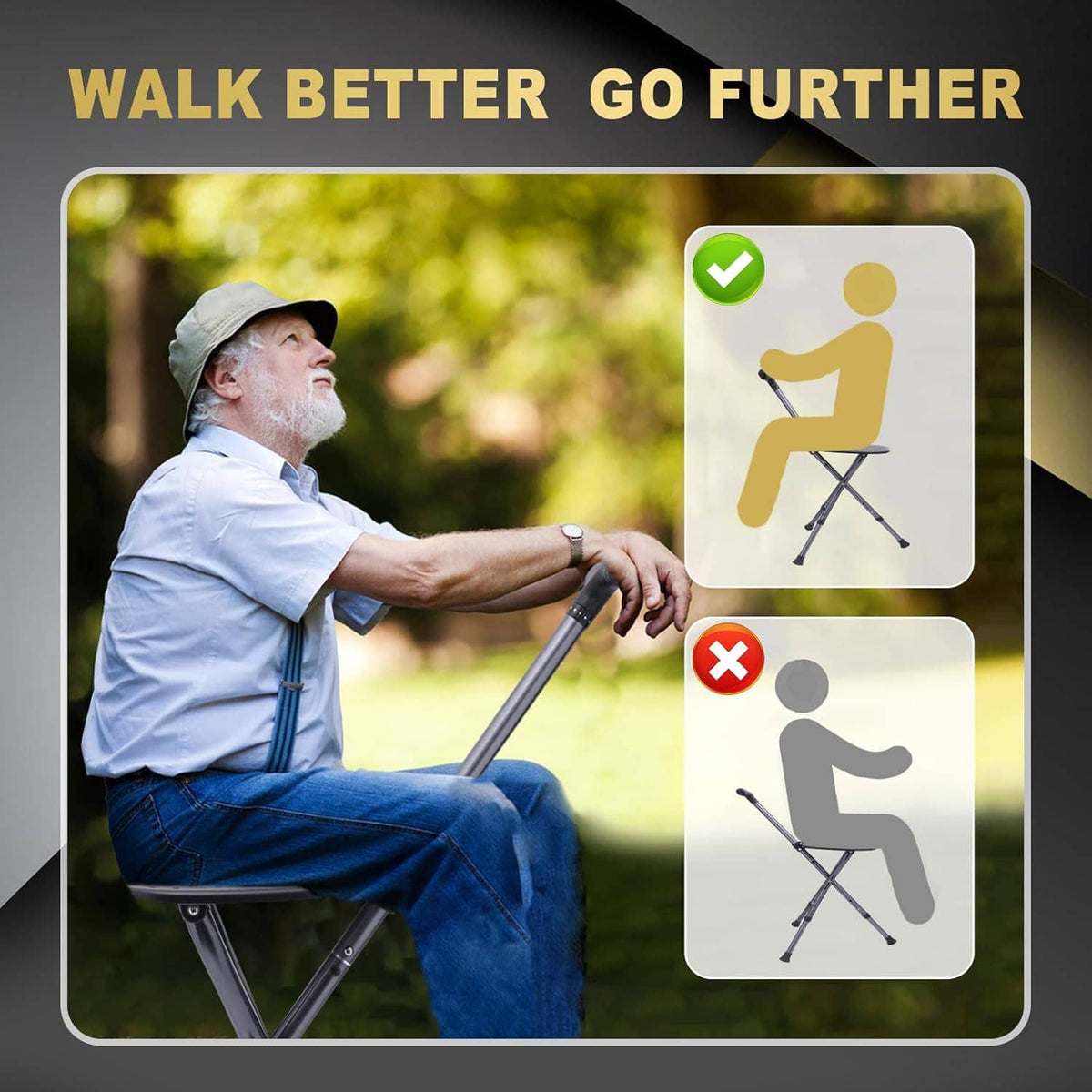 Folding walking cane with seat for mobility support, black cushioned pad and grips