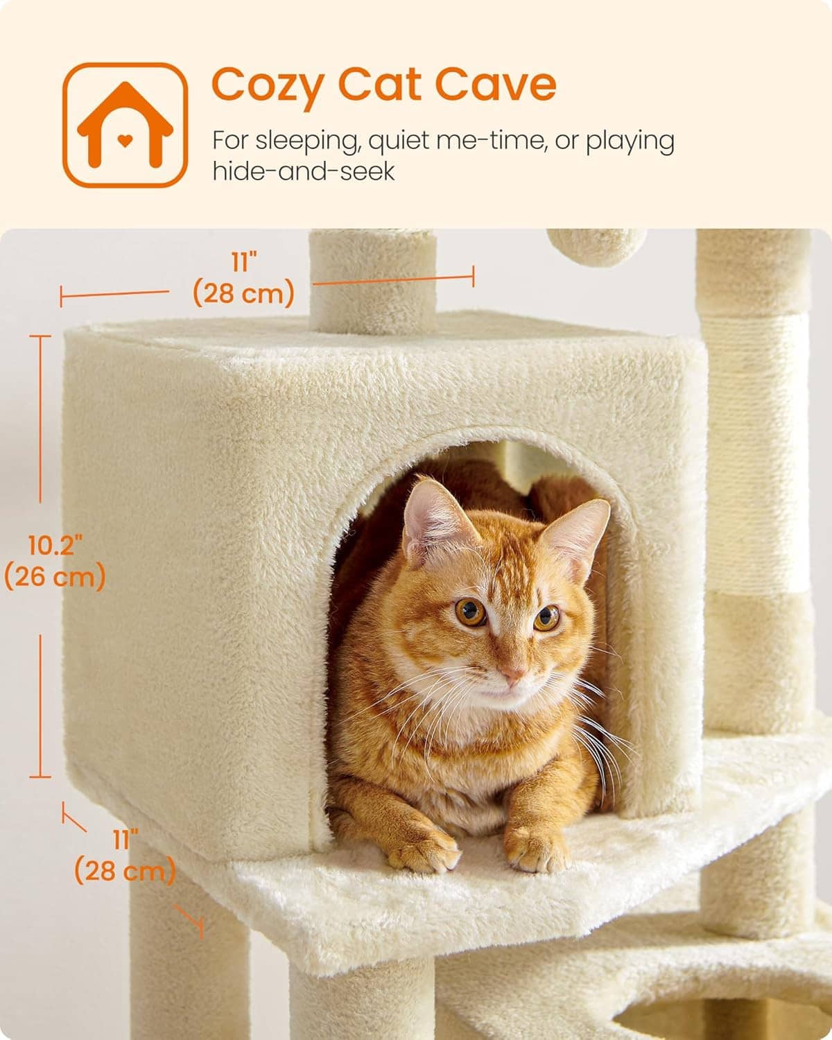 Beige plush cat condo with padded doorway and cozy cushioned interior