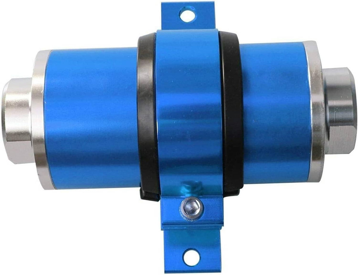 Blue inline fuel filter with black strap-style bracket and aluminum end caps