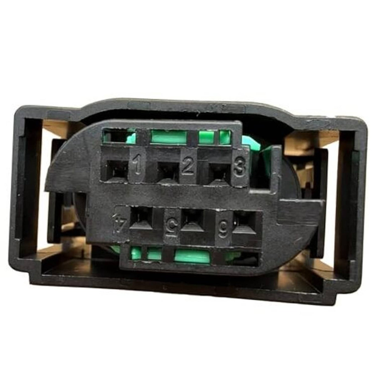 Sensor connector wiring harness plug with green terminals and black housing