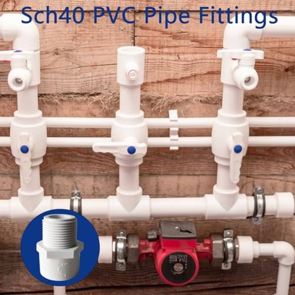 Sch40 PVC pipe fittings with a highlighted threaded male adapter connection