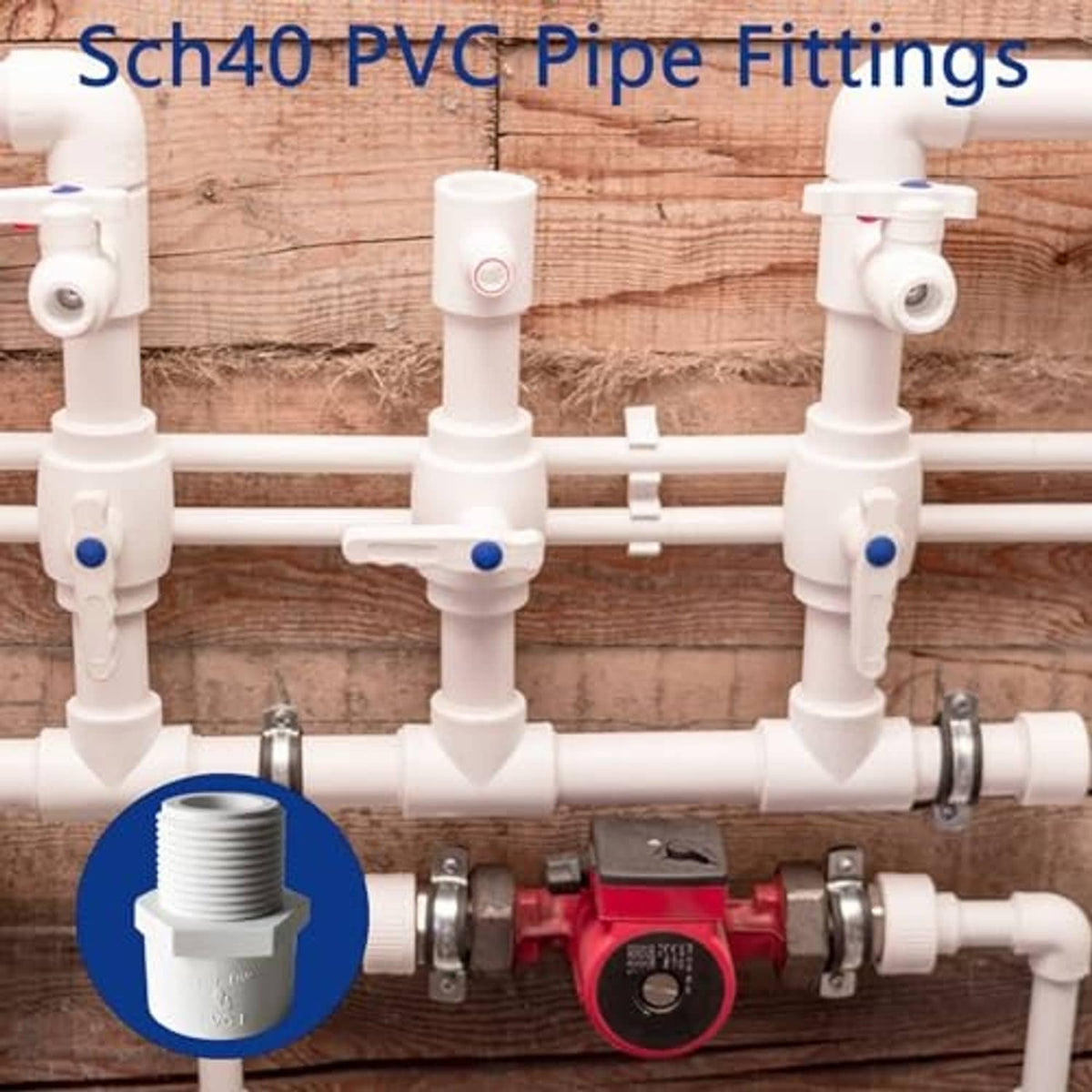 Sch40 PVC pipe fittings with a highlighted threaded male adapter connection