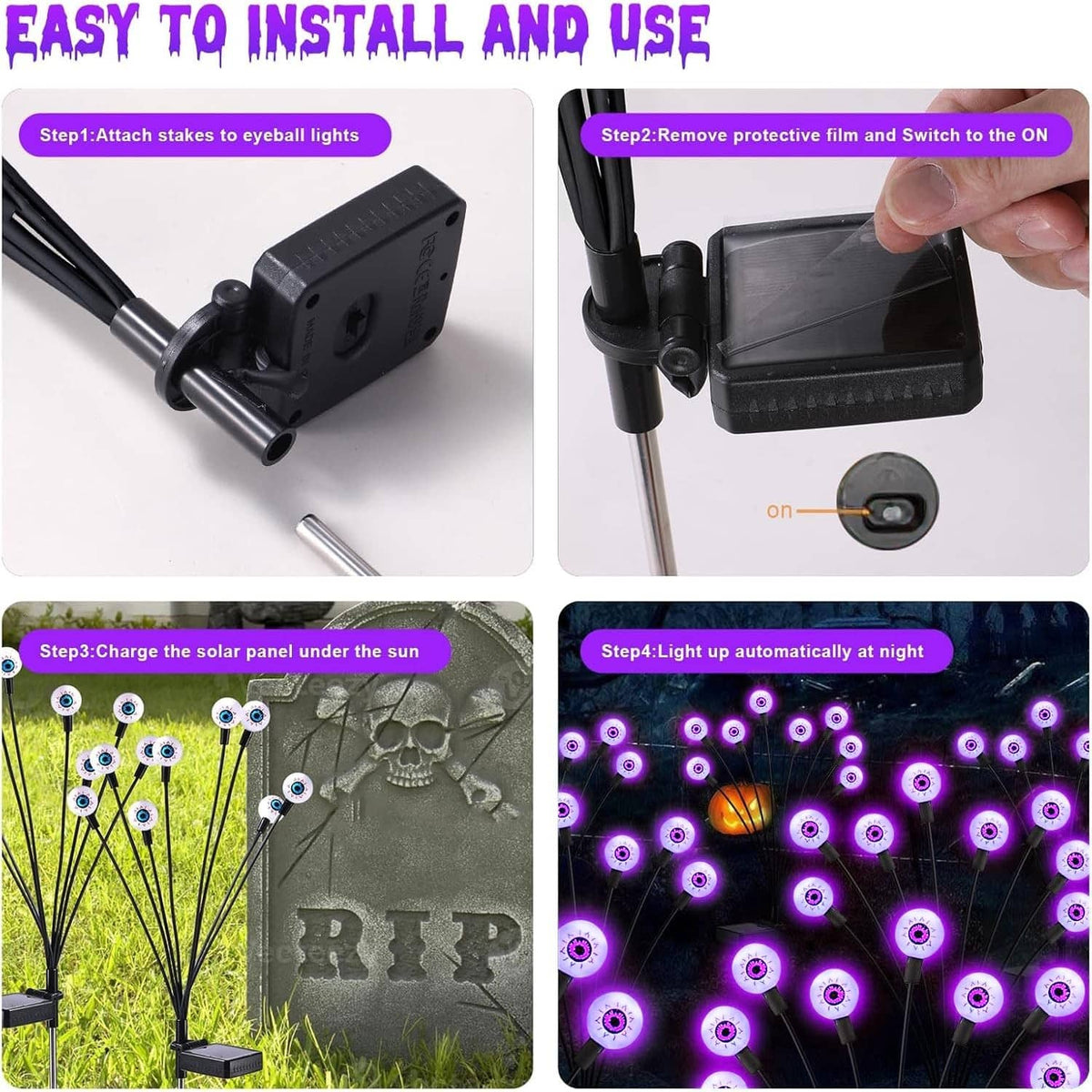 Solar Halloween stake lights with solar panel power box and on/off switch for setup