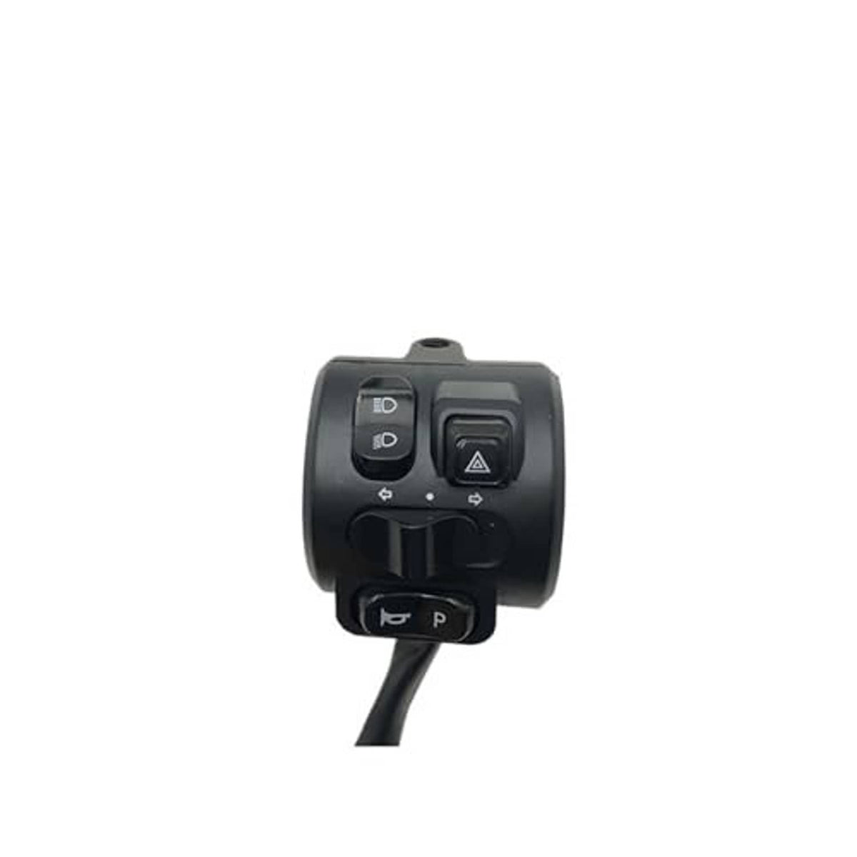 Close-up of black thumb throttle switch housing with function buttons