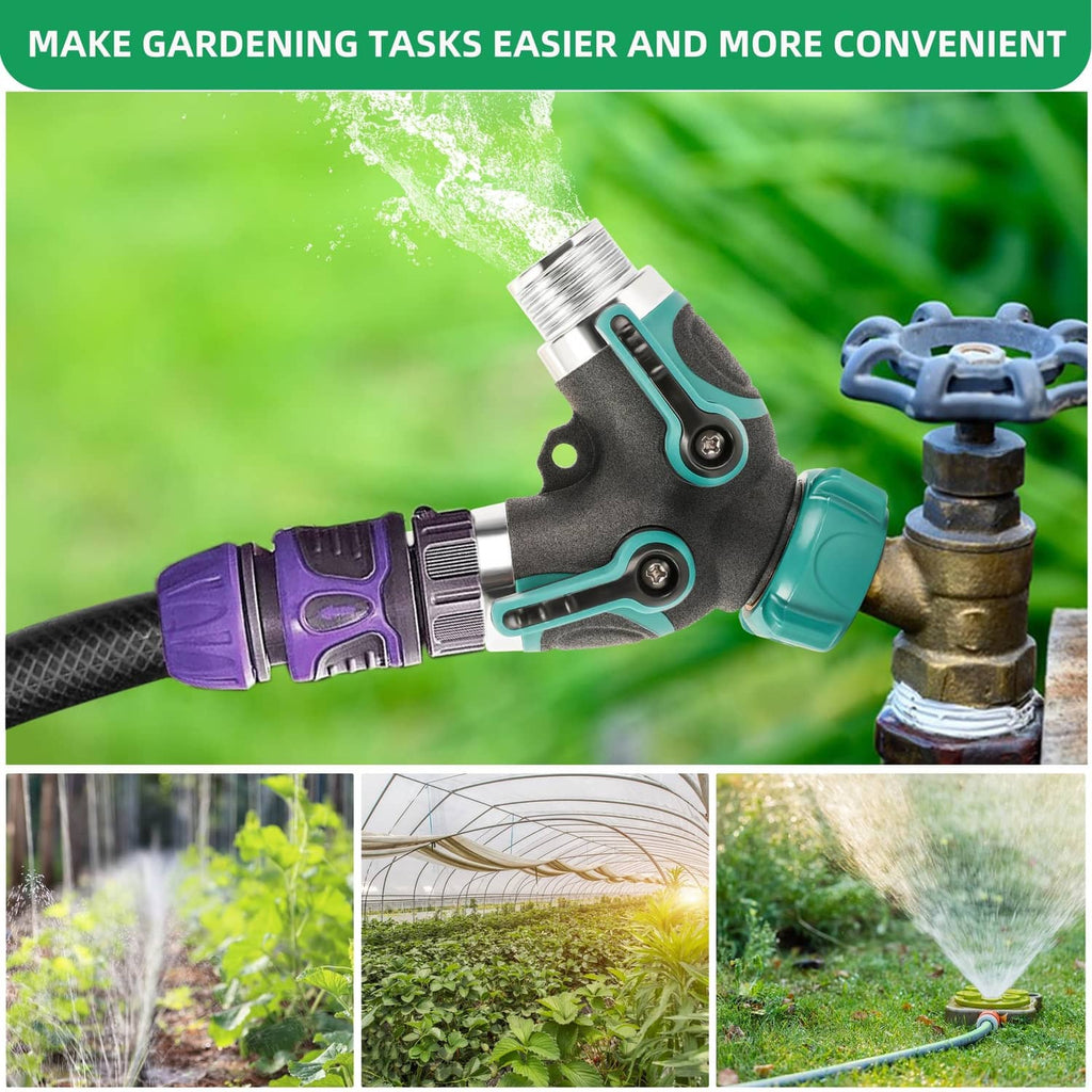 Green and black 2-way hose splitter with 3/4 in metal threads and protective rubber grips