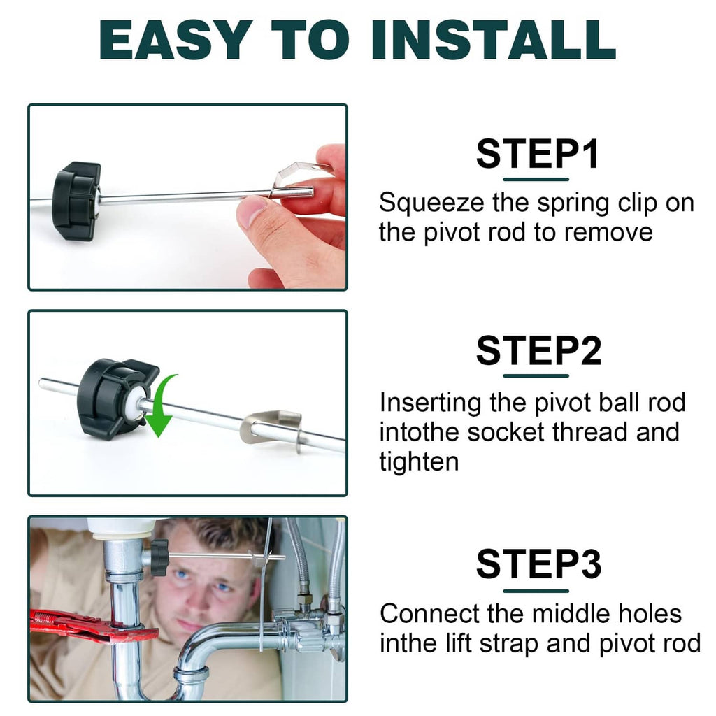 Bathroom sink pop-up stopper replacement kit with pivot ball rod and spring clip for installation