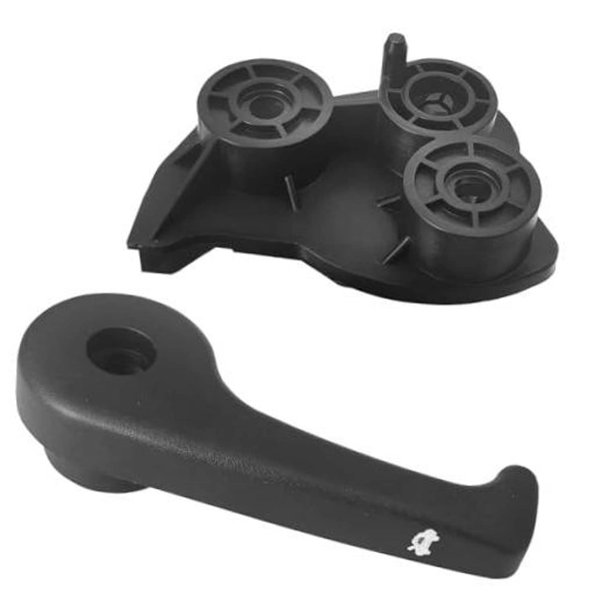 Black hood latch release handle base assembly with mounting pegs and hook