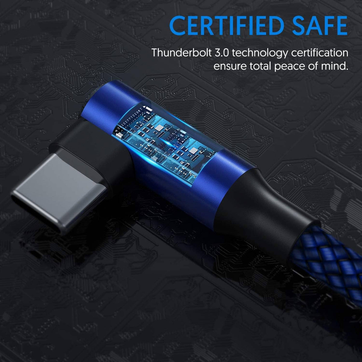 Blue metal USB-C right-angle plug on blue braided charging cable with black strain relief