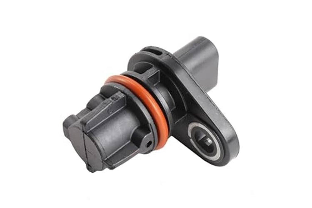 Camshaft position sensor with two-pin plug and orange sealing ring, angled view