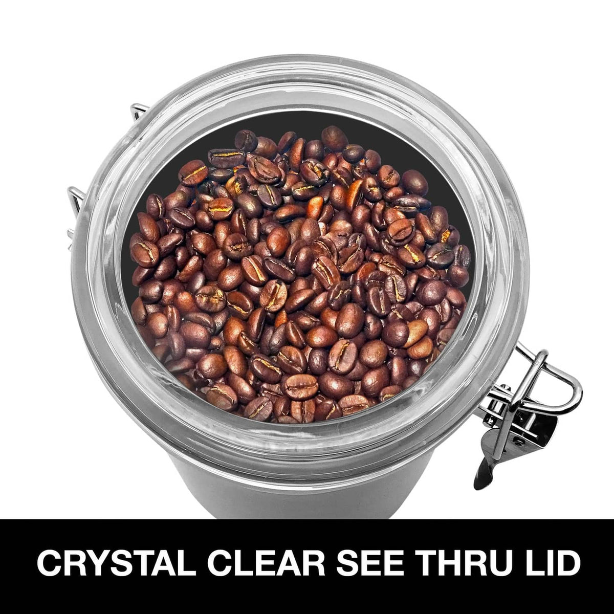 Airtight stainless steel canister filled with roasted beans, clear see-thru lid