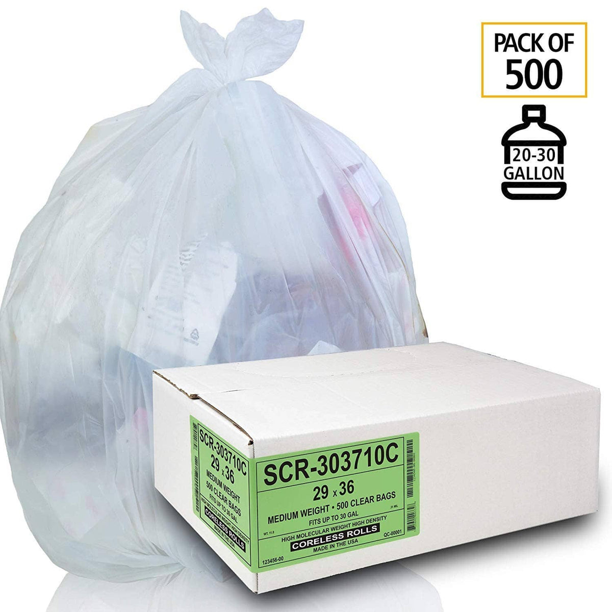 Pack of 500 clear trash bags, 20–30 gallon, shown with bag liner