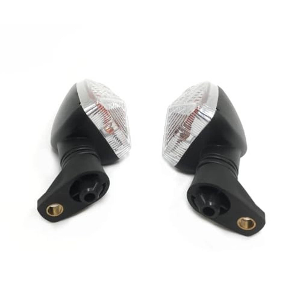 Two motorcycle turn signal lights showing black mounting bases with gold pins, clear top lens