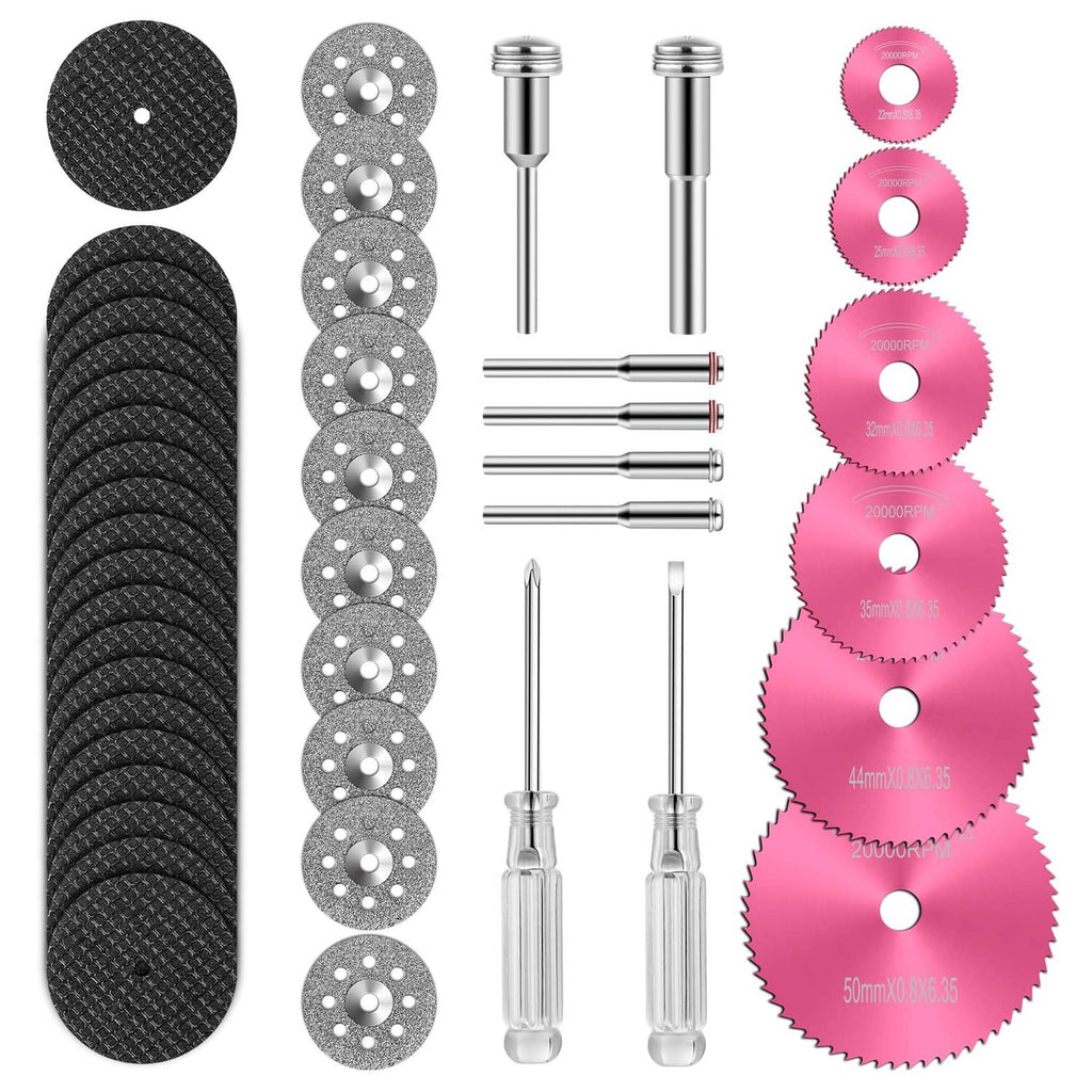 Assorted cutting wheel set: black, gray, and pink discs with center holes plus mandrels