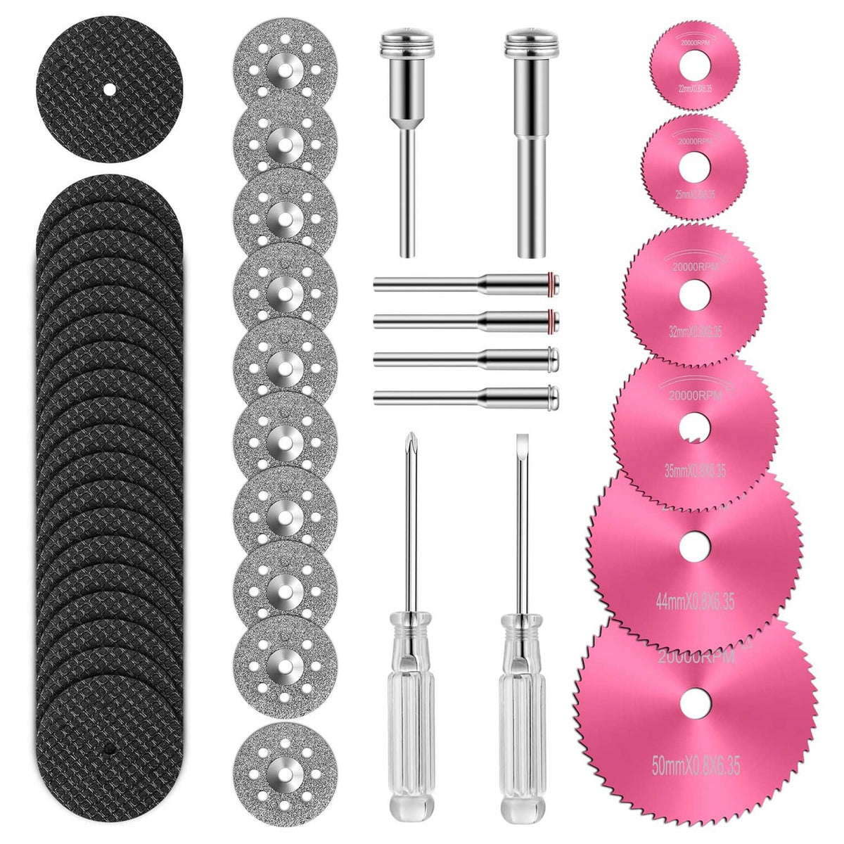 Assorted cutting wheel set: black, gray, and pink discs with center holes plus mandrels