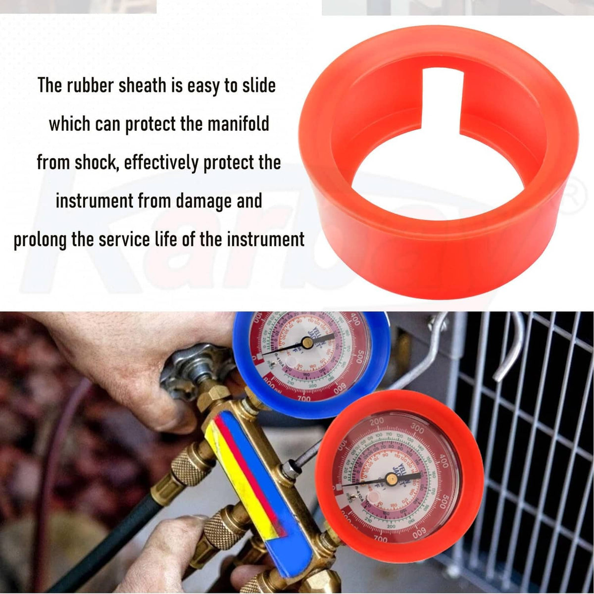 Red and blue rubber gauge boot covers on an HVAC manifold assembly