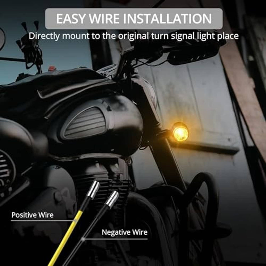 LED turn signal light with amber glow and two-wire leads for easy installation