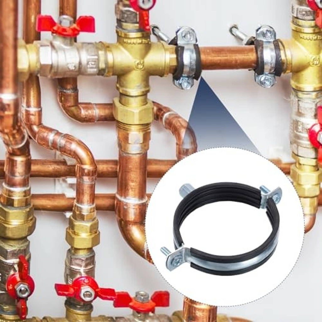 Split-ring pipe hangers securing copper pipes, with black rubber and silver brackets