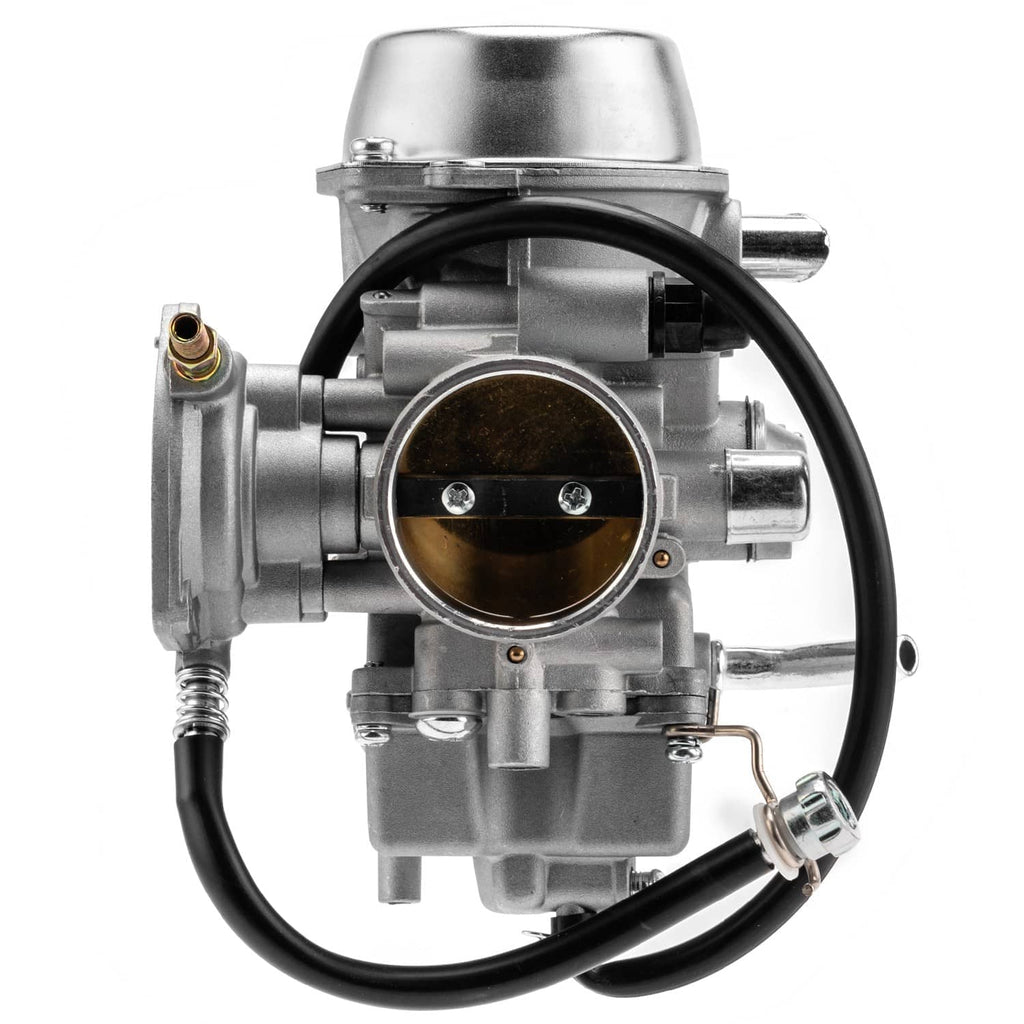Carburetor assembly with air filter, black hoses, and metal inlet