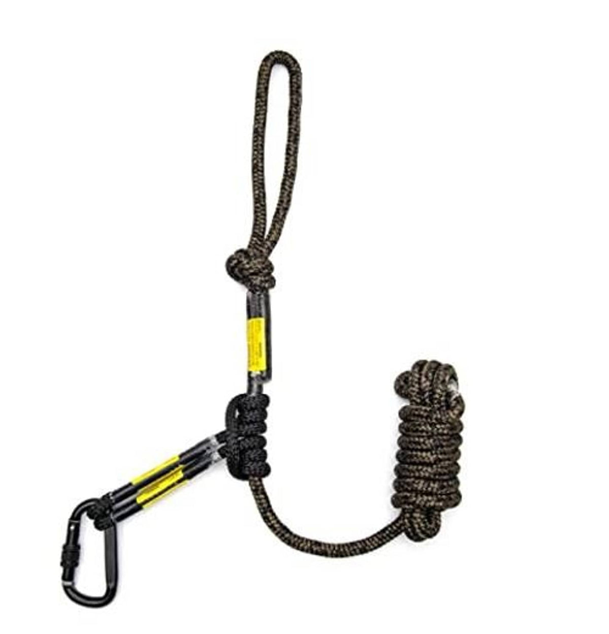 Treestand safety rope with carabiner and looped end, dark braided cord with yellow tag