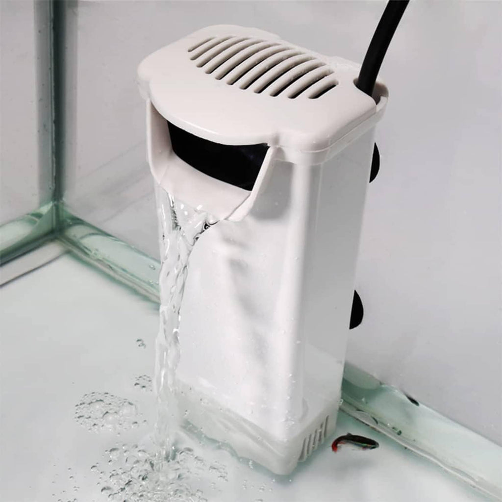 White aquarium filter canister pumping water flow through outlet into tank
