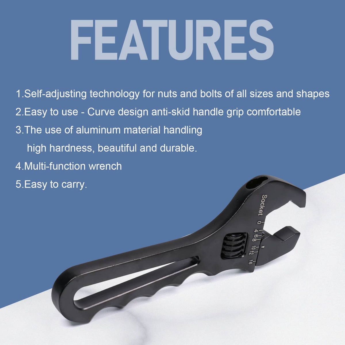 Black multi-size wrench spanner with anti-slip curved handle and serrated adjuster
