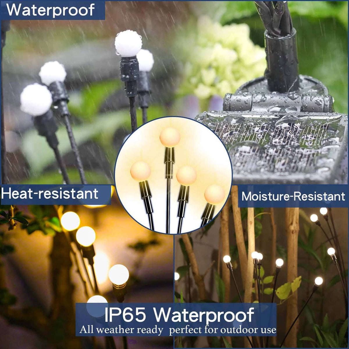 IP65 waterproof black solar garden lights with moisture-resistant base and glowing bulbs