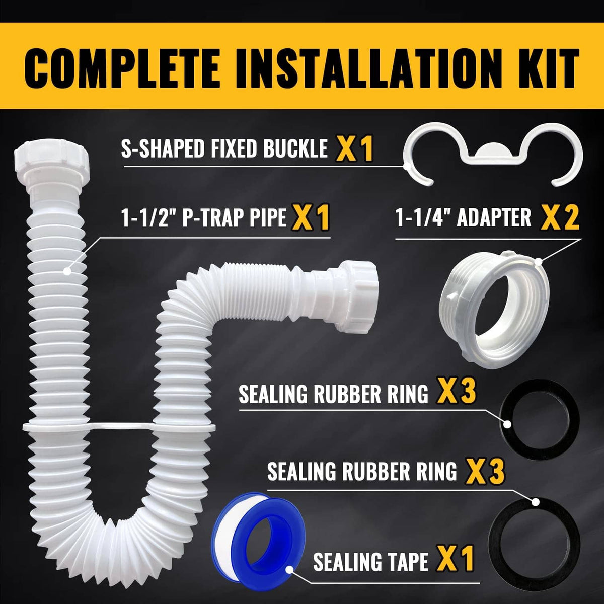 Complete white sink drain installation kit with P-trap pipe, adapter, sealing rings, and tape